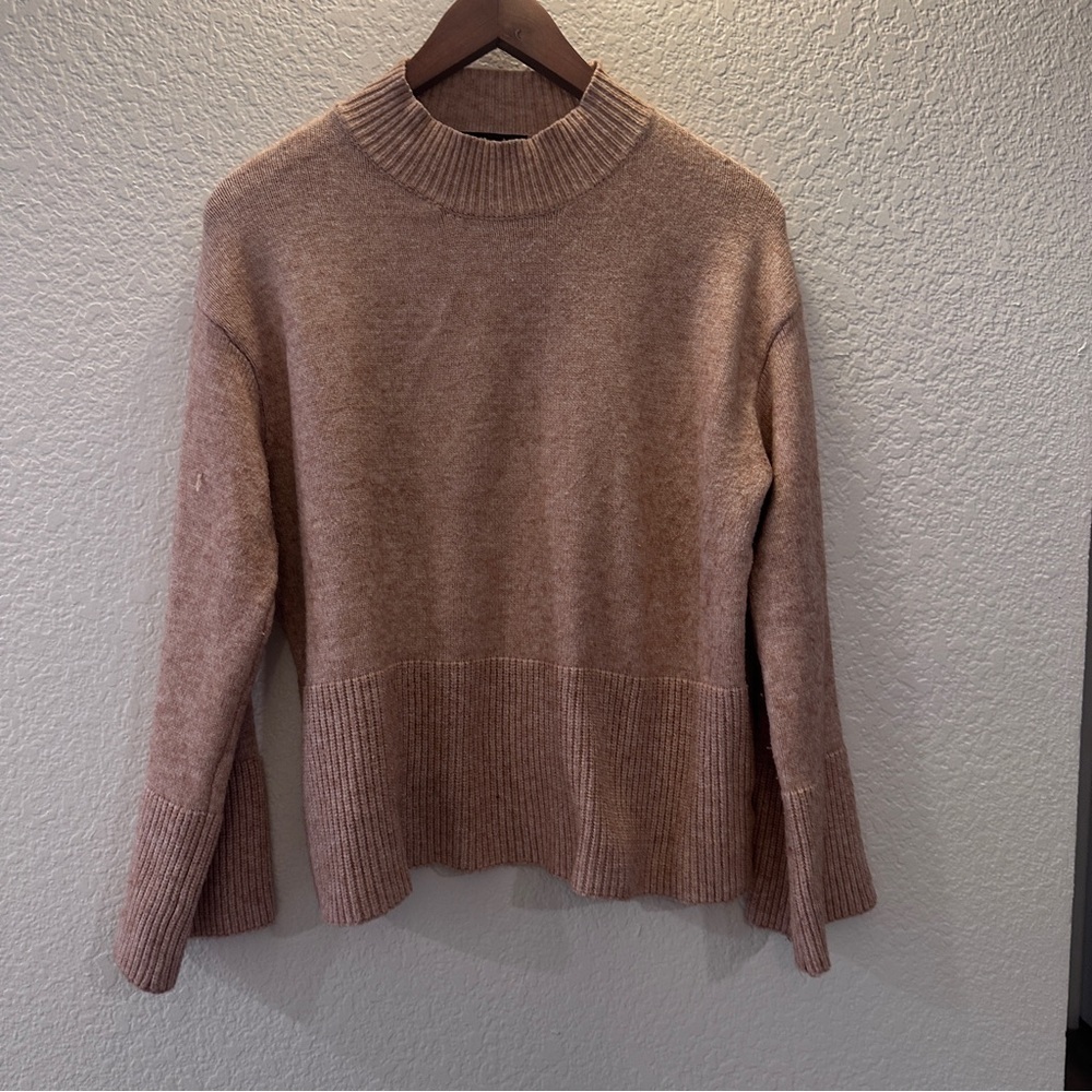 Lulus Tan Knit Sweater Medium Mock Neck Ribbed Hem Long Sleeve Soft Cozy Chic